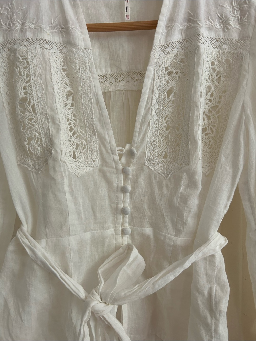 Free People White Lace-Trimmed Tie-Waist Women's Blouse - Picture 2 of 6